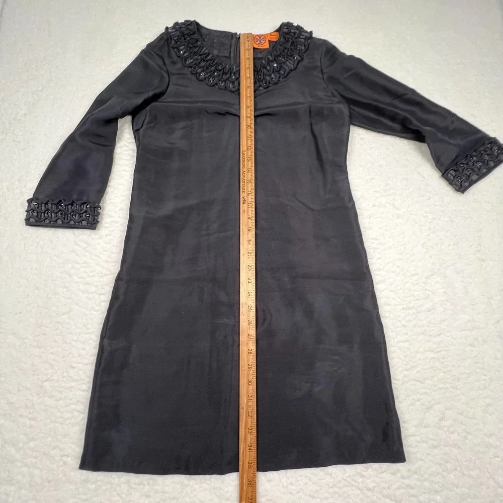 Tory Burch Shift Dress Womens 8 Black‎ 100% Silk Beaded Trim Cocktail 3/4 Sleeve